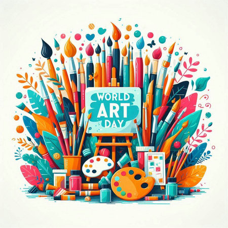 Vector illustration of World Art Day. Hand drawn brush, paints and palette.のイラスト素材