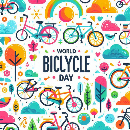 World Bicycle Day vector banner with bicycle, clouds, trees, rainbow, clouds, rainbow and lettering.のイラスト素材