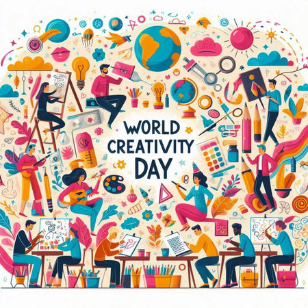 World Creative Day poster with people working on different creative projects. Vector illustration.のイラスト素材