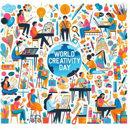 World creative day concept with people working at different office. Vector illustrationのイラスト素材