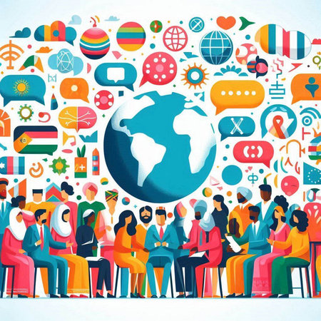 Global communication concept with people and social media icons. Vector illustration.のイラスト素材