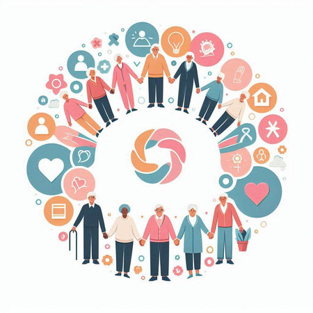 Group of senior people and social media icons in circle. Vector illustrationのイラスト素材