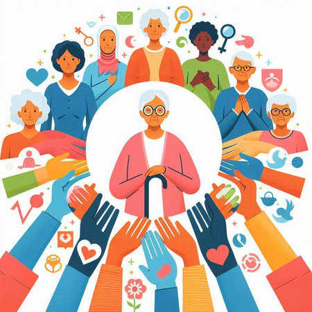 Group of old people with medical icons. Flat style vector illustration.のイラスト素材