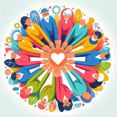 Vector illustration of people in circle with heart. Teamwork concept.のイラスト素材