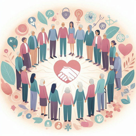 Vector illustration of a group of people standing in a circle and holding hands.のイラスト素材