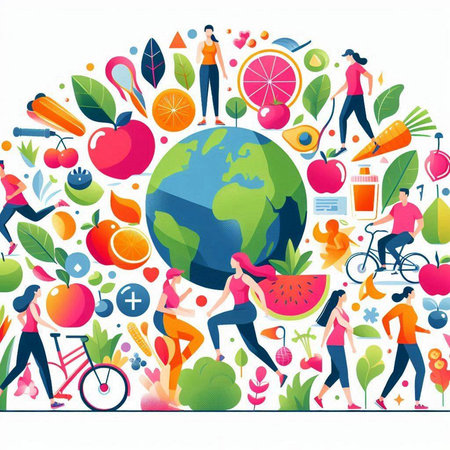 Healthy lifestyle concept with people around the world. Vector illustration.のイラスト素材