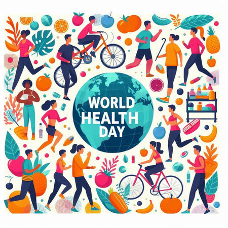 World Health Day banner with people and healthy lifestyle symbols. Vector illustrationのイラスト素材