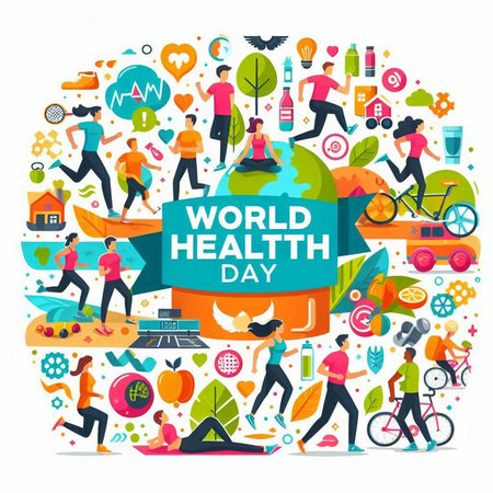 World Health Day banner with people and icons. Flat design vector illustration.のイラスト素材