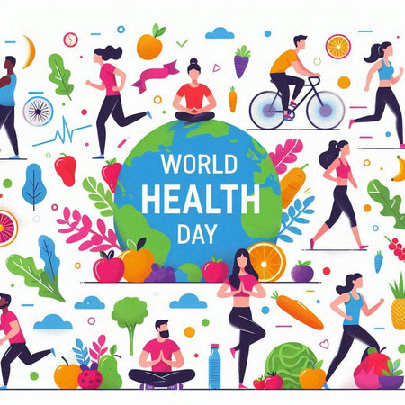 World Health Day concept with people and healthy lifestyle. Vector flat illustrationのイラスト素材