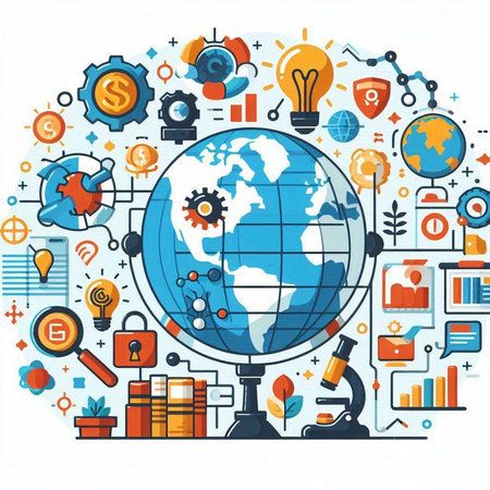 Global business and technology concept. Vector illustration in thin line style.のイラスト素材