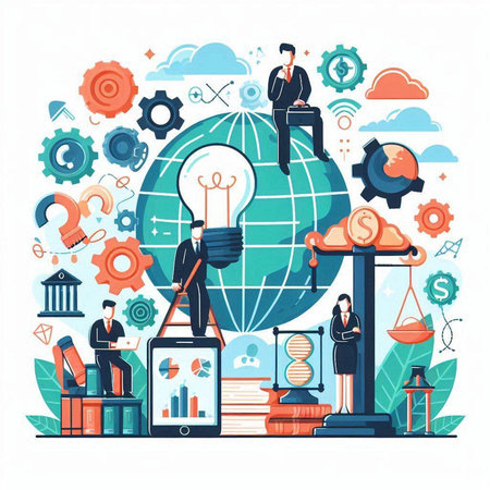 Business concept. Vector illustration in flat design style. Business people working around the globe.のイラスト素材