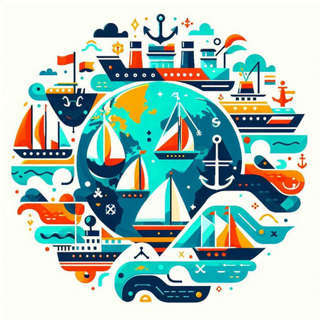 Vector illustration of sea travel and adventure. Colorful flat design.のイラスト素材