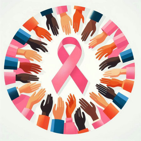 Pink ribbon symbol of breast cancer awareness and people hands. Vector illustration.