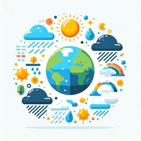 Earth day concept. Earth planet with different weather icons. Vector illustrationのイラスト素材