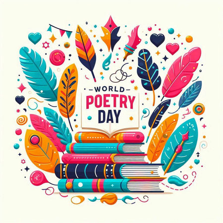 Vector illustration of World Poetry Day. Lettering composition with colorful feathers, books and hearts on white background.のイラスト素材