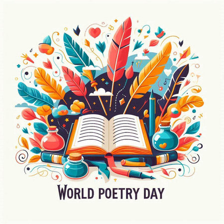 World poetry day poster with feather, books, pencils, inkwells. Vector illustrationのイラスト素材