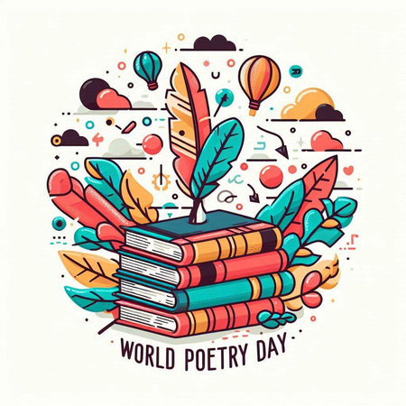World Poetry Day. Vector colorful illustration with books, feathers and balloons.のイラスト素材