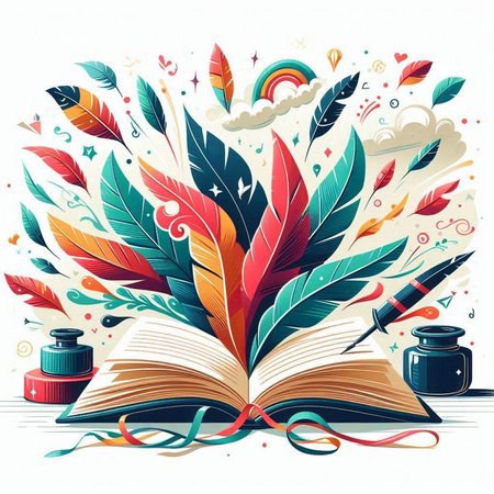 Book with feathers and inkpot on white background. Vector illustration.のイラスト素材