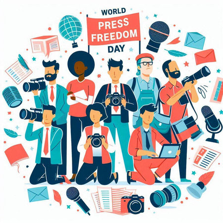 World Press Freedom Day. Group of journalists with cameras and microphones. Vector illustration.のイラスト素材