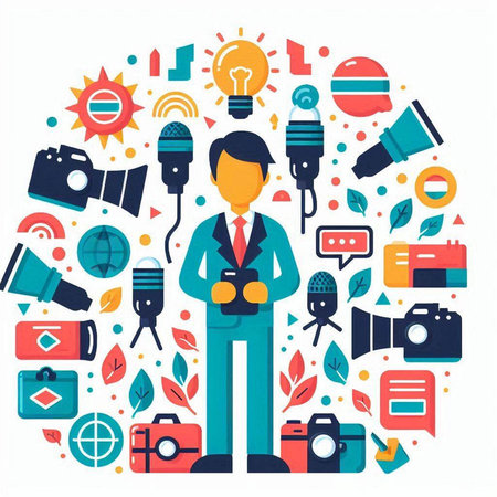 Vector illustration of a businessman with a camera, microphone and other equipmentのイラスト素材