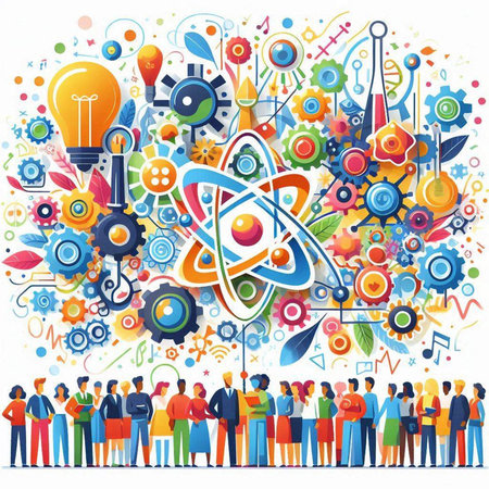 Science and education background with people and science symbols. Vector illustration.
