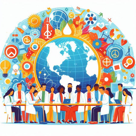 Vector illustration of a group of medical workers around the globe. Teamwork concept.