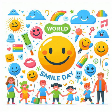 World Smile Day. Group of children with social media icons. Vector illustrationのイラスト素材