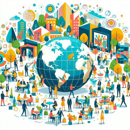 Vector illustration of people around the globe. Global business and communication concept.
