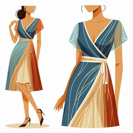 Vector illustration of a beautiful woman in a long dress with a belt.のイラスト素材