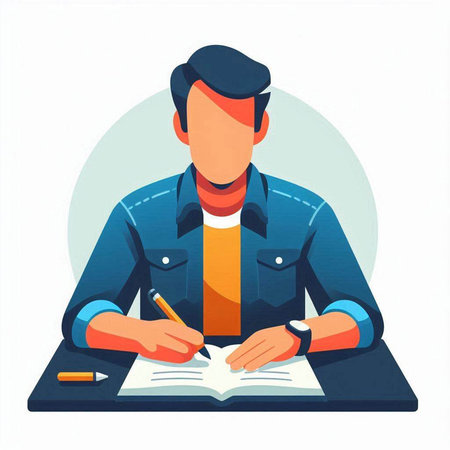 Man making notes in a notebook. Vector illustration in flat style.のイラスト素材