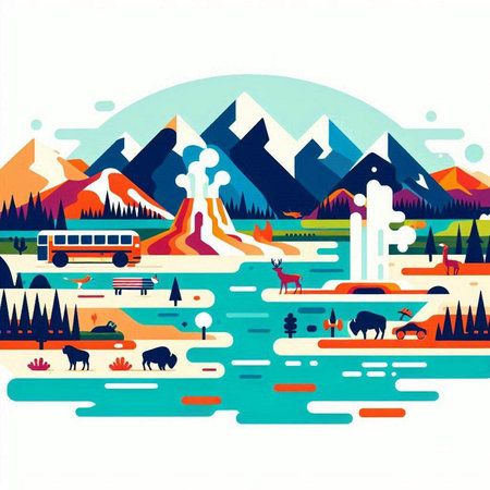 Landscape with mountains, forest and river. Flat style vector illustration.のイラスト素材
