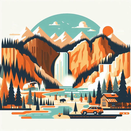 Landscape with mountains, river and forest. Vector illustration in flat styleのイラスト素材