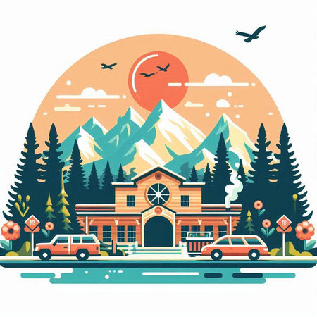 Landscape with mountains, lake and forest. Vector illustration in flat styleのイラスト素材