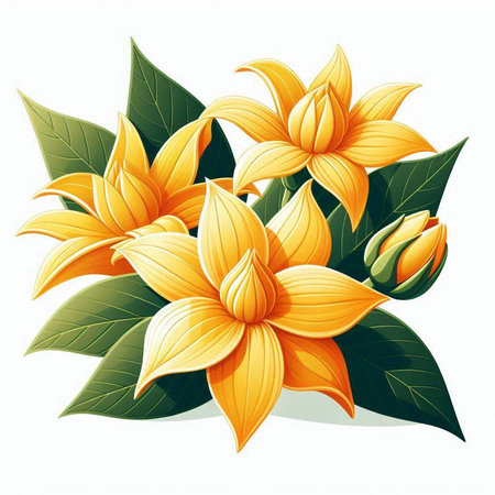 Yellow flowers with green leaves isolated on white background. Vector illustration.のイラスト素材