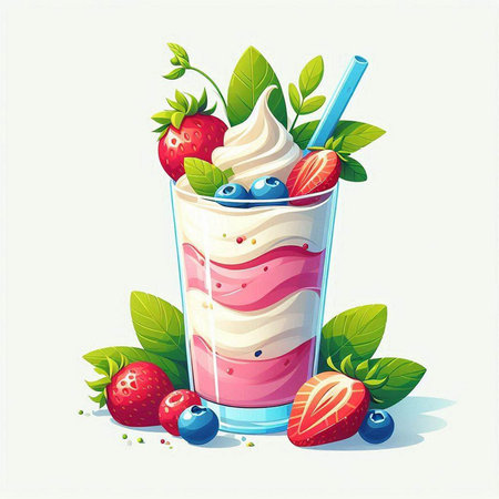 Strawberry smoothie in a glass with mint leaves. Vector illustrationのイラスト素材
