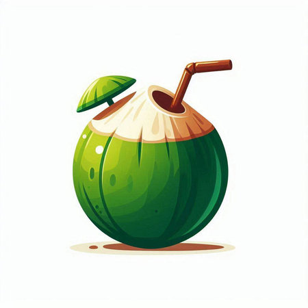 Coconut with straw isolated on white background. Vector illustration.