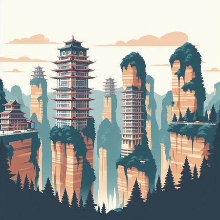 Landscape of mountains and pagodas in China. Vector illustrationのイラスト素材