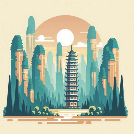 Pagoda in the forest. Vector illustration in flat style.のイラスト素材