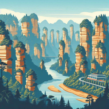 Beautiful landscape with mountains and river. Vector illustration in retro styleのイラスト素材