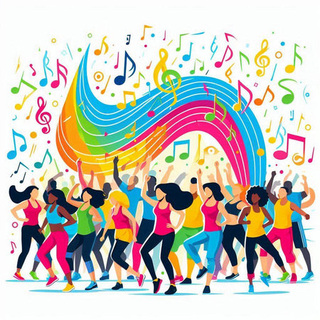 Dancing people. Group of young people dancing and listening to music. Vector illustration.のイラスト素材