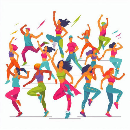 Running people. Group of young men and women in sportswear. Flat vector illustration.のイラスト素材