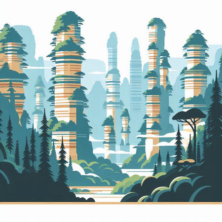 Landscape with skyscrapers in the forest. Vector illustration.のイラスト素材