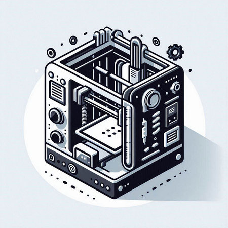 3d isometric vector illustration of a 3d printer with a mechanism.