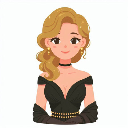 Beautiful blonde girl in a black dress. Vector illustration isolated on white background.のイラスト素材