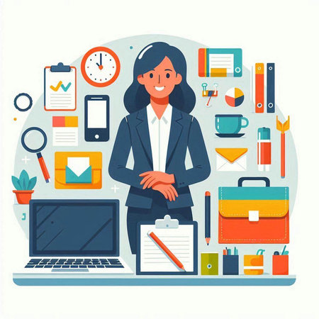 Businesswoman sitting at the laptop with documents. Vector illustration in flat styleのイラスト素材