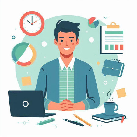 Businessman sitting at workplace with laptop and documents. Vector illustration in flat styleのイラスト素材