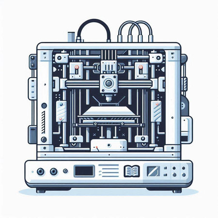 Illustration of 3d printer in cartoon style on white background.