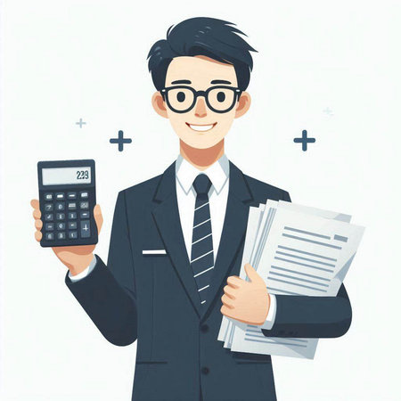 Businessman with calculator and documents. Vector illustration in cartoon style.のイラスト素材