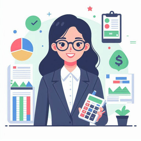 Business woman holding a calculator in her hands. Flat vector illustration.のイラスト素材