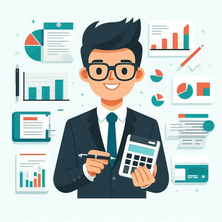 Businessman with calculator and financial charts. Vector illustration in flat styleのイラスト素材